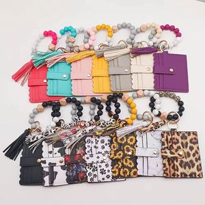 Silicone Bead Wristlet Wallet Keychain Wallet Card Holder Pu Leather Key Chains Tassel Lady Coin Purse <strong>Keyring</strong> Wristlet Key <strong>Ring</strong> - Product Image 1