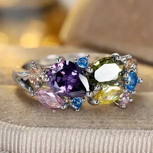 Anillos CAOSHI de Plata con Circonitas Brillantes Multicolores, Diseño Geométrico Elegante, Anillos de Compromiso y Boda para Mujer - Product Image 5