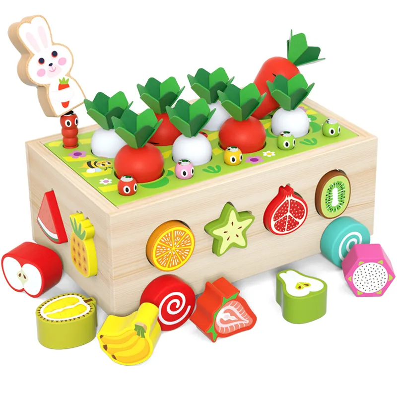 Carrello per la prima educazione dei bambini in legno blocchi di costruzione giocattoli cattura insetti frutta abbinata 4 in 1 giocattoli abbinati per bambini