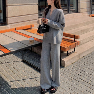 Set sweter lengan panjang leher v wanita, set celana sweater kasmir polos longgar lengan panjang untuk wanita - Product Image 2