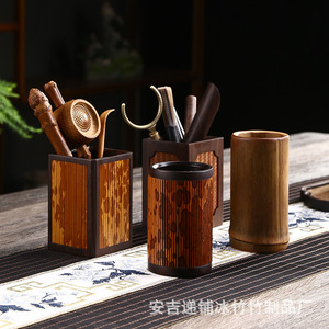 Juego de cilindros de té de bambú fragante Concubina, soporte creativo para seis bolígrafos con diseño de seis caballeros, accesorios tallados de bambú moteado para la ceremonia del té - Product Image 1