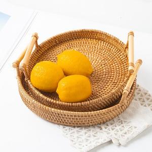 Rattan Tray Basket Rattan Storage Tray Round Basket With Handle Hand-Woven Rattan Tray Basket Bread