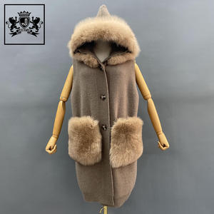 Janefur sans manches femmes filles <span class=keywords><strong>long</strong></span> <span class=keywords><strong>gilet</strong></span> cardigan en laine tricoté hiver gris grand col en fourrure de renard <span class=keywords><strong>gilet</strong></span> pull tricoté - Product Image 5