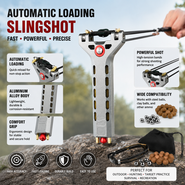 Automatic Loading Aluminum Alloy Slingshot, High Precision Outdoor Hunting Catapult with Fast Reload System, Durable Ergonomic H