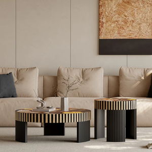 Tavolini Laterali con Piedistallo in Fibra di Vetro FRP Lucida Stile Mid-Century, <span class=keywords><strong>Tavolino</strong></span> da Caffè con Intarsi Colorati e Finitura Laccata Nera Scura - Product Image 2