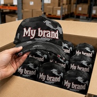 Casquette de baseball 5 panneaux en coton premium avec logo brodé personnalisé, appliqué camouflage, effet vieilli et déchiré, motif lettre courante