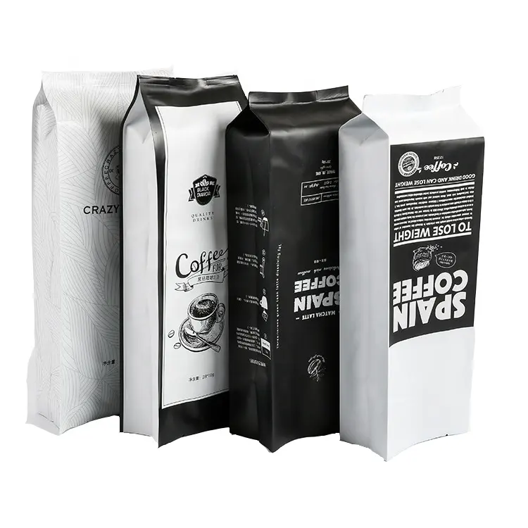 Fabricante de China personalizado impreso impermeable laminado blanco y negro mate café 4 Sello lateral bolsa de embalaje de plástico