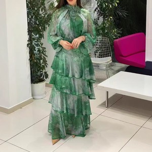 Vestido Maxi Elegante de Manga Larga con Cuello Redondo y Volantes Ecológicos para Mujer, Estilo A-Line, Ideal para la Playa o Resort - Product Image 1