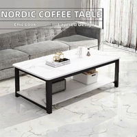 Table basse moderne aspect marbre, plateau en MDF stratifié, étagère de rangement, structure en métal noir, mobilier de salon, fabricant grossiste