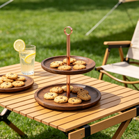 Plateau de service à 2 niveaux en bois d'acacia pour cupcakes et desserts avec poignée or rose - Présentoir alimentaire pour mariages, fêtes et maison
