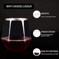Verre à vin en plastique avec bord doré et logo personnalisé, sans MOQ, 12 oz, coupe à cocktail transparente sans pied effet diamant pour mariage, bar, restauration
