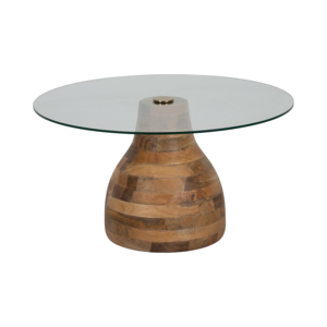 Mesa de Centro Redonda de Madera Rayada con Tapa de Vidrio y Base de Madera Sólida para Patio, Balcón y Uso en Exteriores - Product Image 1