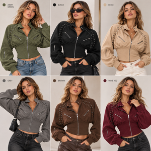 Custom <b>women</b> cropped suede jacket stand collar zip long sleeve elastic hem slim fitted vintage outerwear ladies streetwear <b>coat</b> - Product Image 3