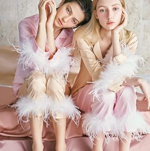 Kadın pijama parti doğum günü tatil bayanlar uzun pantolon kaz altın ve pembe düz saten ipek devekuşu tüy elbise Rave kıyafet - Product Image 6