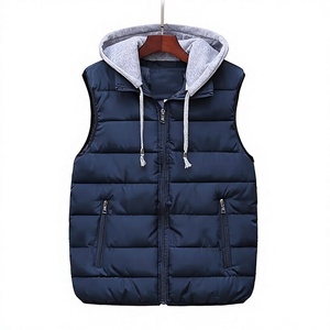 Men's Red Hooded Winter Vest Zipper Pockets Casual Outerwear Windproof Solid Color Polyester Wadding Canvas 340g 3D Embroidery - Product Image 1