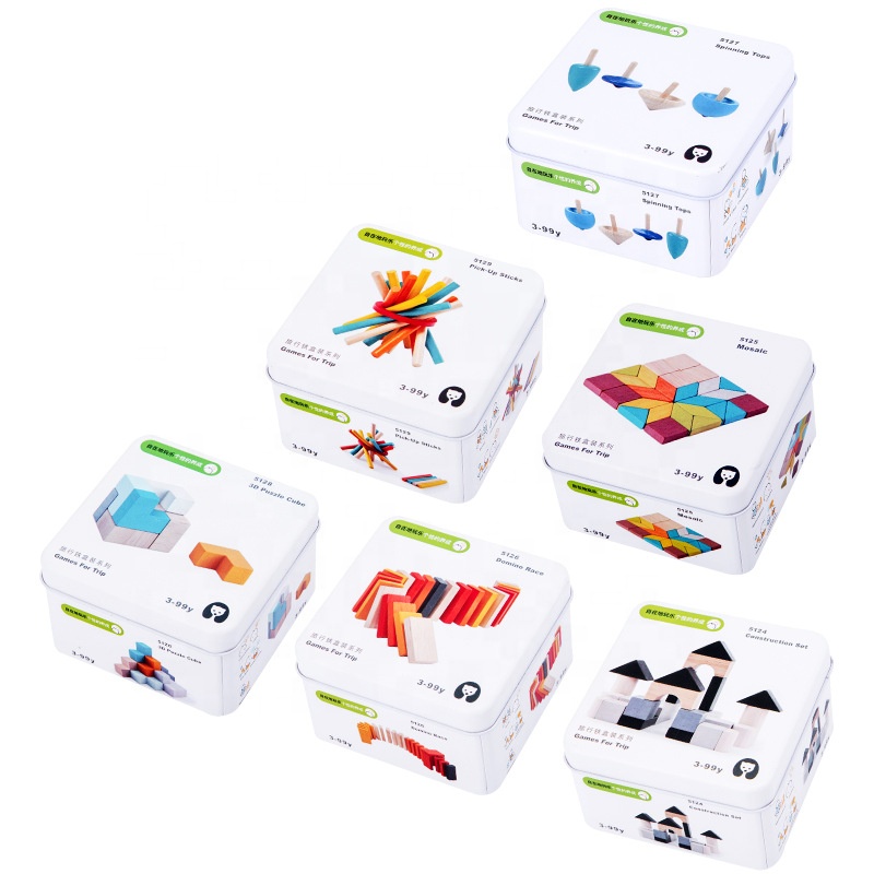 Jouets Montessori en blocs de bois pour la construction, ensemble de jouets de voyage dans une boîte en fer blanc pour les tout-petits de plus de 3 ans