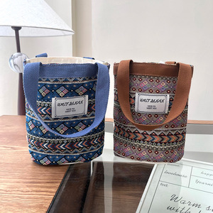 New Custom Printed Polyester Button Closure Tote Bag Large Capacity Women's Ethnic Style Artistic Bucket <b>Handbag</b> - Product Image 6