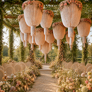 Decorazioni per Soffitto in Macramè per Matrimoni, Lanterne con Fiori Artificiali e Nappe Pendenti per Hotel di Lusso, Personalizzabili - Product Image 1