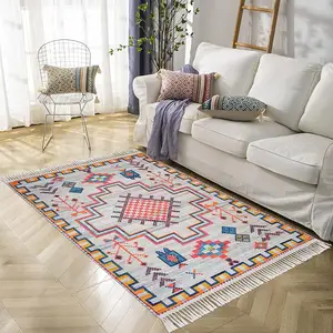 Karpet Anyaman Tangan Katun dan Linen Bohemia, Karpet Area Geometris Dapat Dicuci dengan Taplak Lantai Rumbai