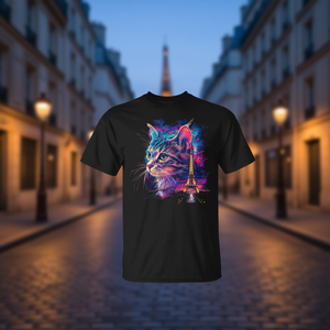 T-shirt unisexe pour adulte à manches courtes et col rond avec motif Tour Eiffel et chat mignon à Paris, impression numérique promotionnelle - Product Image 3
