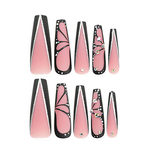 Uñas prensadas personalizadas Manicura Acabado Largo Negro Mariposa Patrón francés Consejos Uñas postizas con diamantes - Product Image 5