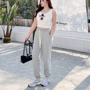 Pantalones Deportivos de Cintura Alta para Mujer, Talla Grande, con Cordón Ajustable, Tejido de Algodón, Color Gris Rosa N8678, Hechos en Suzhou - Product Image 1