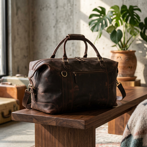 Bolso de Mano Unisex Vintage Europeo B S International, de Cuero Genuino con Patrón Bordado, Cierre de Cremallera, Correa Ajustable y Plegable - Product Image 1