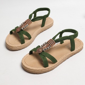 Summer Ladies Bohemian Thick Sole <b>Sandals</b> Retro Bead Carved Metal Ornament Open Toe <b>Elastic</b> Back Strap Outdoor Shoes - Product Image 5