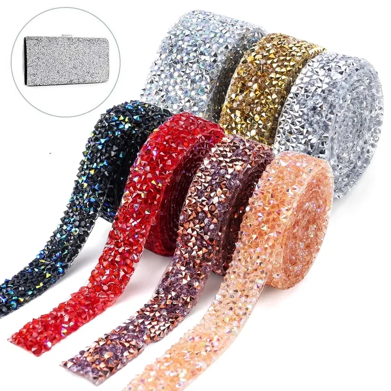 3Yards Multi-Màu Thạch Trim Set Glitter Pha Lê Ribbon Strass Tape Appliques Hotfix Motif Thạch Trang Trí Vải