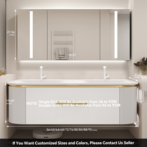 Meubles-lavabos de salle de bain luxueux avec miroir intelligent et grand tiroir, meuble-lavabo suspendu avec bande métallique dorée - Product Image 6