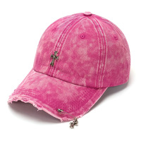 Casquette de baseball en coton lavé à 6 panneaux, personnalisable et réglable, avec décoration en métal en forme de croix et anneau en croix