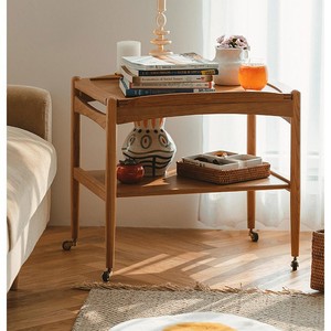Pocket Storage Cart Cherry Wood Two Tier With <b>Wheels</b> For Living Room Bedroom Organization - Product Image 1
