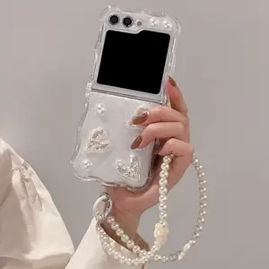 Artificial pearl hanging rope phone case for Samsung Galaxy Z flip5 flip4 flip3 white angel heart bow protective fashion case