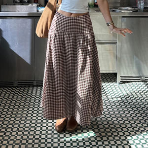 Falda midi de mujer con estampado de cuadros, cintura alta, dobladillo acampanado fruncido, estilo línea A para atuendos vintage y casuales - Product Image 1