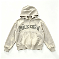 Jaket Hoodie Vintage Warna Ivory dengan Ritsleting, Cetakan Huruf Varsity Retro Kornit DTG, Aksen Berlian, Bintik Bintang, Mantel Kasual