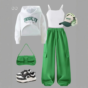 Ensemble de vêtements pour filles tendance, 3 pièces, <span class=keywords><strong>costume</strong></span> de sport vert en toile, camisole à manches longues à capuche et pantalon à poches, taille 14 ans - Product Image 6