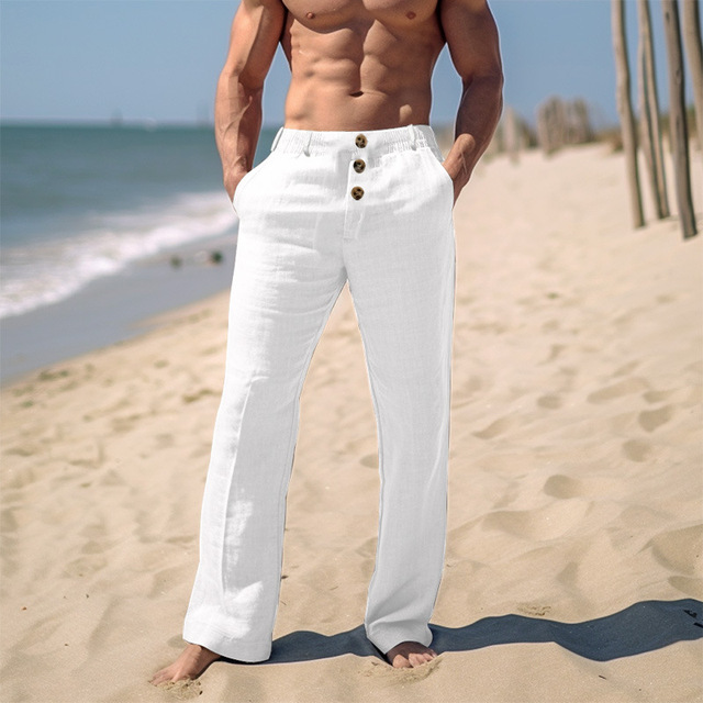 New Men's Linen Pants Summer Beach Pants Solid Color Comfortable Breathable Casual Daily Vacation