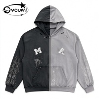 Sweats à capuche personnalisés avec logo, en molleton épais, surdimensionnés, effet usé, délavé au soleil, en coton pour hommes, avec patchwork de strass