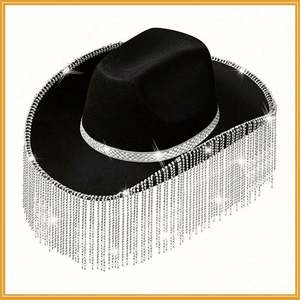 Sombrero de Vaquero con Borlas de Diamantes de Imitación de 12 cm, Sombrero de Vaquera Rosa Personalizado para Fiesta Rave Jazz - Product Image 3