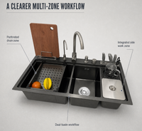 Zwarte RVS multifunctionele werkstation keukenkraan met snijplank, afdruiprek, messenhouder, bekerwasser, OEM ODM B2B