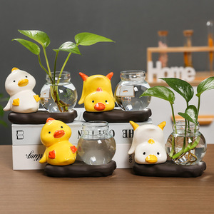Porte-plantes en céramique en forme de canard mignon, vase hydroponique rond en verre, ornement décoratif pour salon, bureau - Product Image 1