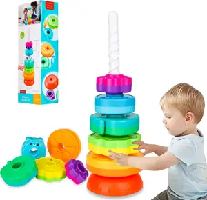 Spinning jouets empilables pour bébés 12 + mois arc-en-ciel fleurs animaux Fruits thème anneau empileur ABS jouets pour les tout-petits
