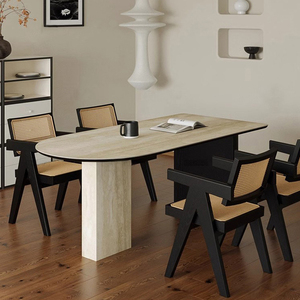 Tavolo <span class=keywords><strong>da</strong></span> <span class=keywords><strong>Pranzo</strong></span> Ovale in Pietra Sinterizzata <span class=keywords><strong>con</strong></span> Base in Legno Massello, Design in Marmo Stile Mid-Century, per Piccoli Soggiorni PJ2435 - Product Image 5