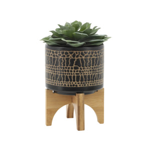 Vasi Cilindrici con Supporto in Ceramica Stoneware, Base in Legno di Bambù, per Interni ed Esterni, Decorazione Casa - Product Image 4