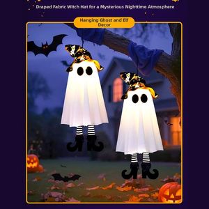 Luces fantasma espeluznantes de Halloween, adornos de fantasma con sombrero de bruja, decoraciones de Halloween iluminadas con LED, adecuadas para jardines exteriores. - Product Image 5