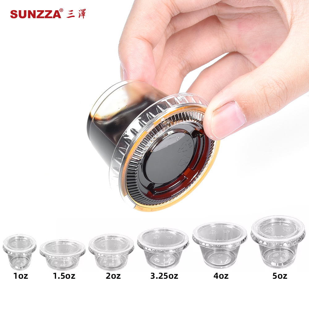 Sunzza 1/1.5/2/2/3.25/4/5.5OZ Transparent Round Disposable Plastic Container Soy Sauce Single Use Cup for Take Out Packaging