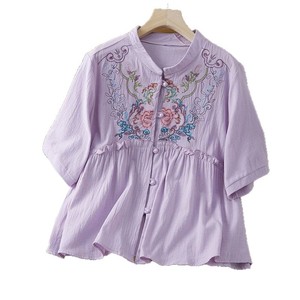 Traditional Chinese Embroidered Cotton Linen Top Women Short Sleeve Loose Fit Purple Ethnic Style Button Front Shirt - Product Image 5