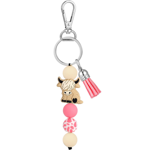Porte-clés perlé avec pompon motif vache des Highlands – Charme animal mignon pour sacs à dos, voitures, clés – Idéal pour toutes les occasions - Product Image 1