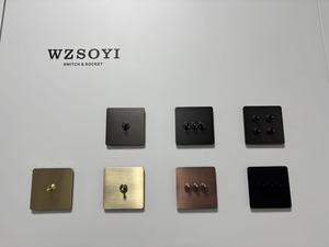 Interrupteurs et prises muraux de style rétro avec panneaux en métal brossé, tels que du laiton ou du bronze, et interrupteurs à levier. - Product Image 1
