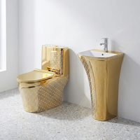 Ensemble WC monobloc en céramique blanc et or BGS style nordique, à fixation au sol, avec siphon en P et double chasse, facile à nettoyer